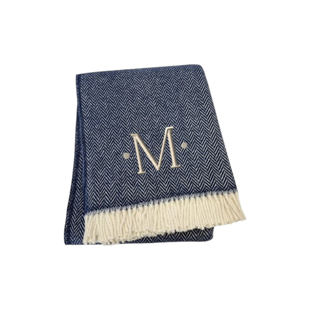 55" X 70" Navy Blue And White Herringbone Cotton Blend M Initial Throw Blanket with Tassels And Embroidery