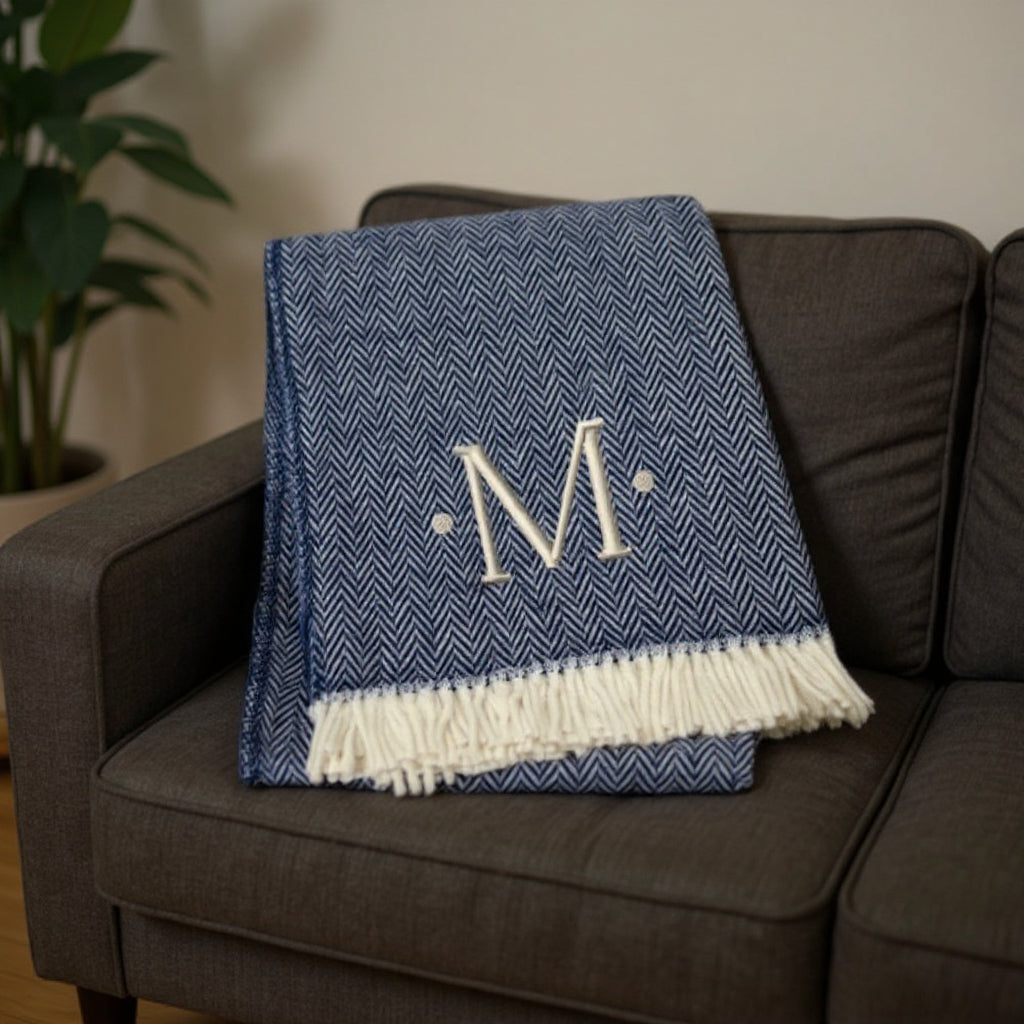 55" X 70" Navy Blue And White Herringbone Cotton Blend M Initial Throw Blanket with Tassels And Embroidery