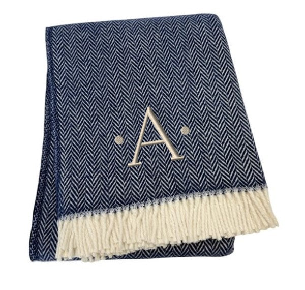 55" X 70" Navy Blue And White Herringbone Cotton Blend A Initial Throw Blanket with Tassels And Embroidery