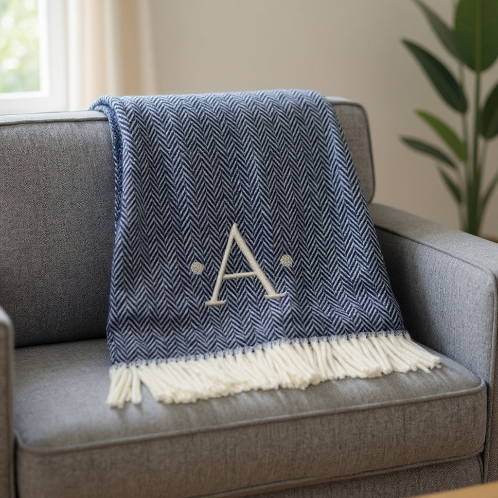 55" X 70" Navy Blue And White Herringbone Cotton Blend A Initial Throw Blanket with Tassels And Embroidery