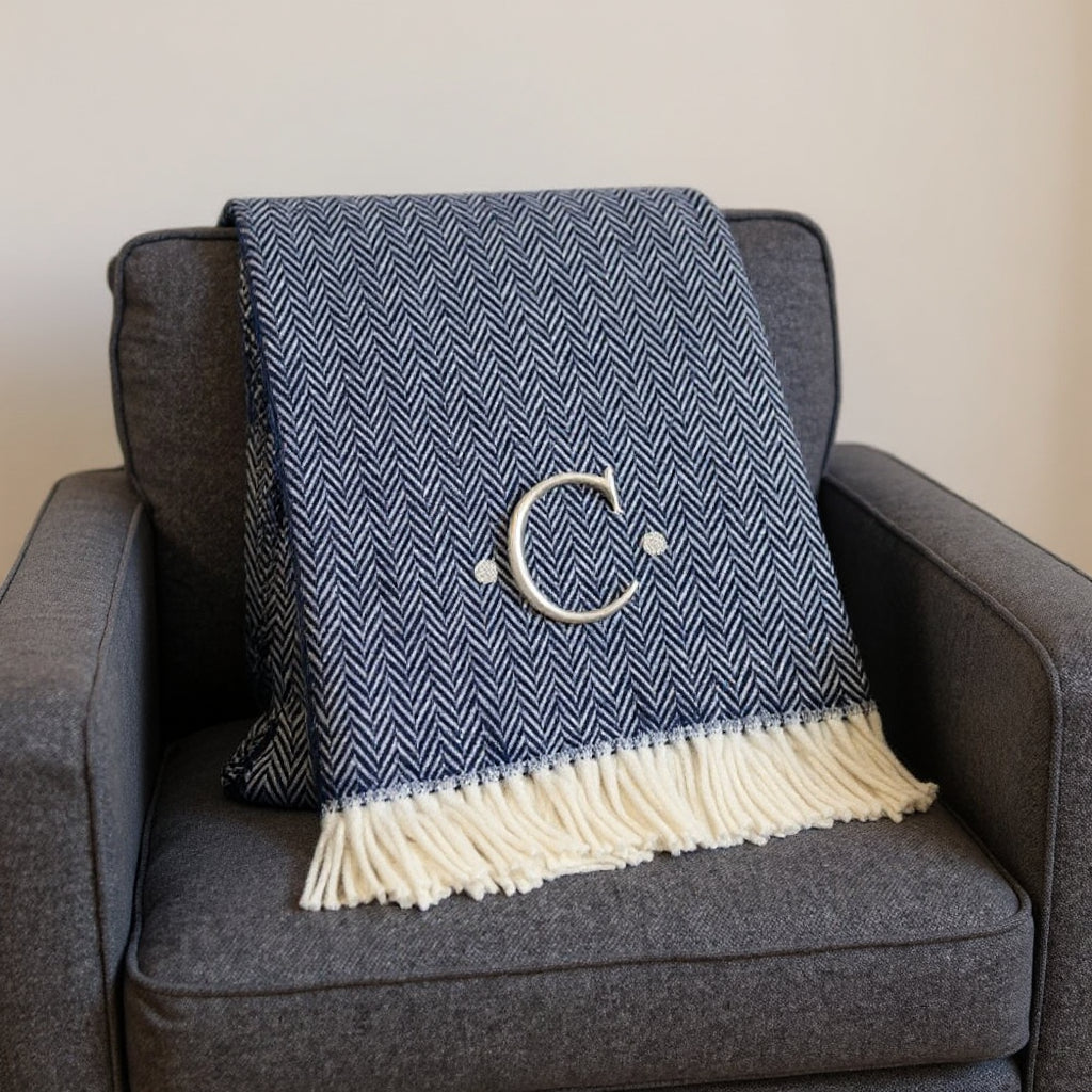 55" X 70" Navy Blue And White Herringbone Cotton Blend C Initial Throw Blanket with Tassels And Embroidery