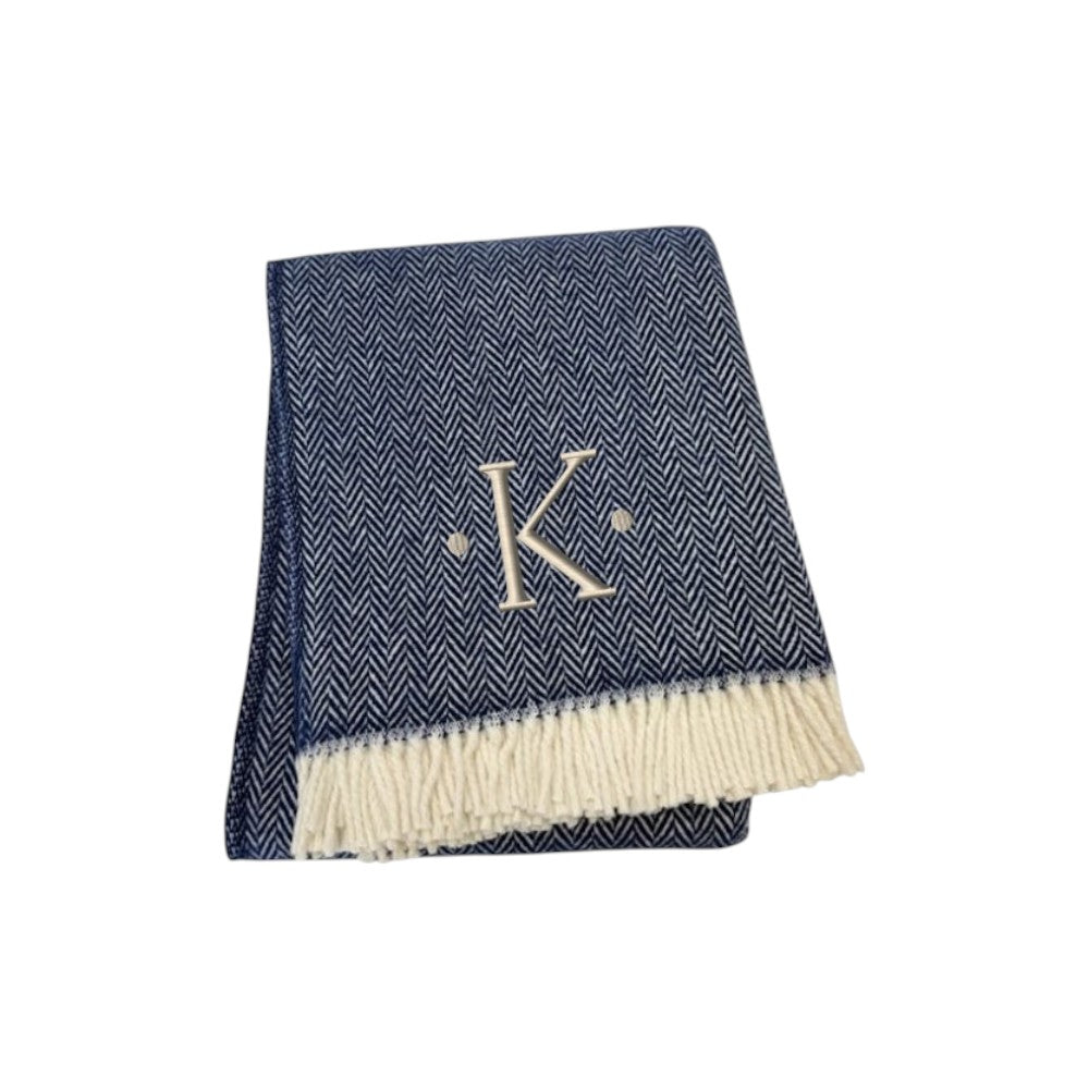 55" X 70" Navy Blue And White Herringbone Cotton Blend K Initial Throw Blanket with Tassels And Embroidery