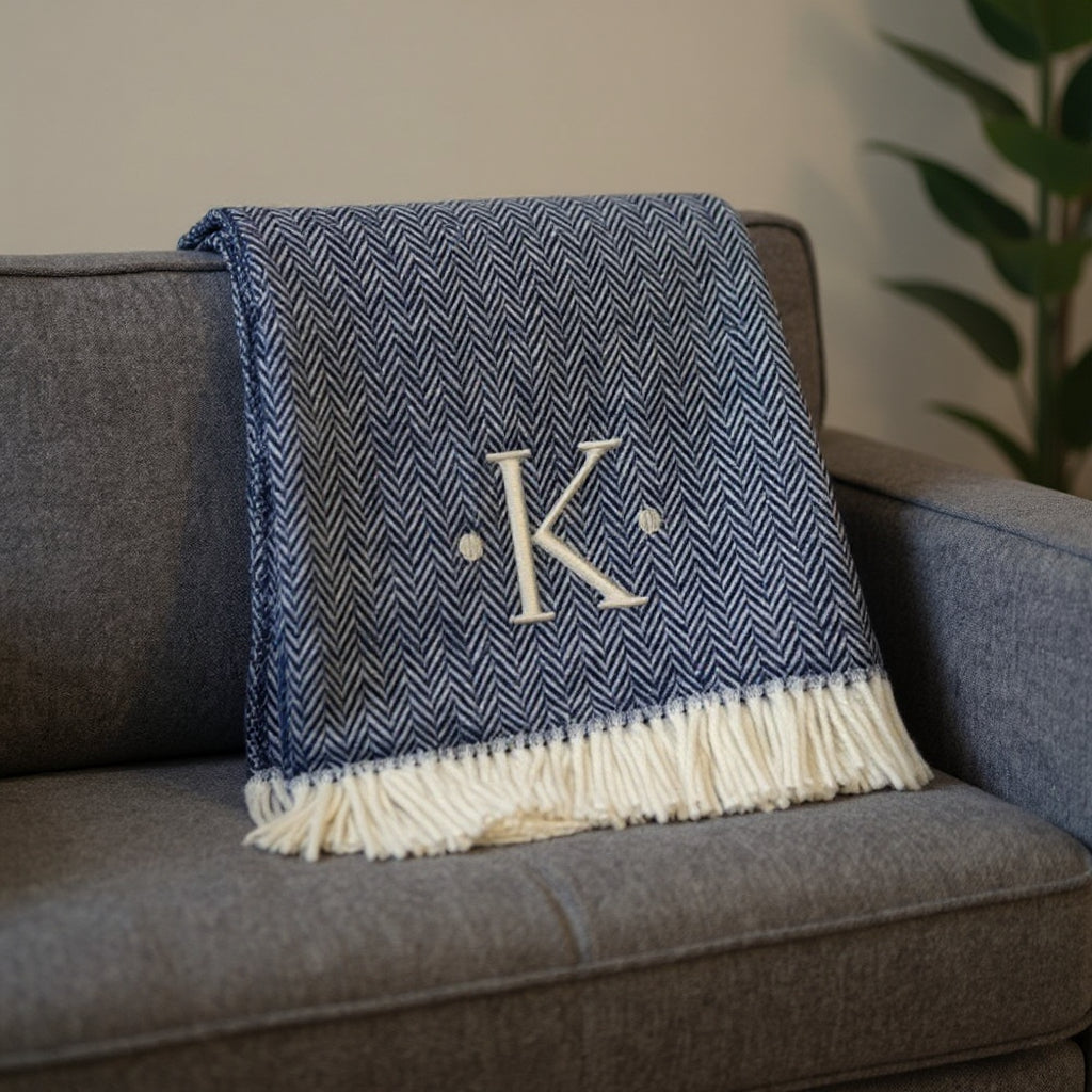 55" X 70" Navy Blue And White Herringbone Cotton Blend K Initial Throw Blanket with Tassels And Embroidery