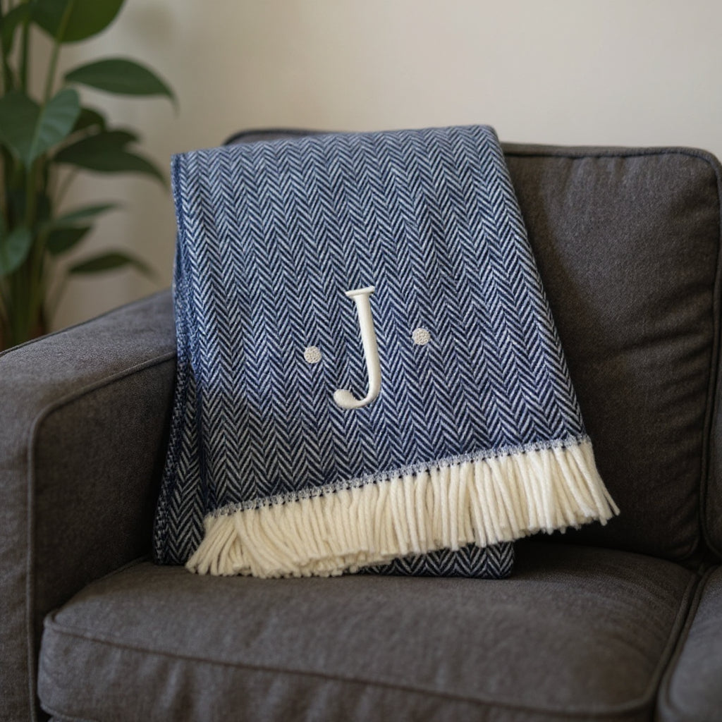 55" X 70" Navy Blue And White Herringbone Cotton Blend J Throw Blanket with Tassels And Embroidery