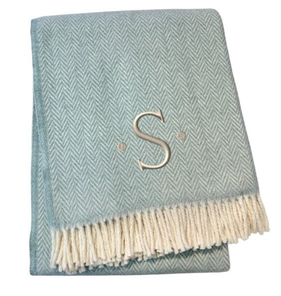 55" X 70" Sky Blue And White Herringbone Cotton Blend S Initial Throw Blanket with Tassels And Embroidery