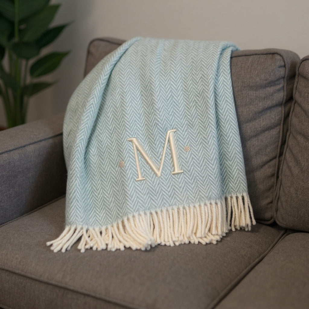 55" X 70" Sky Blue And White Herringbone Cotton Blend M Initial Throw Blanket with Tassels And Embroidery