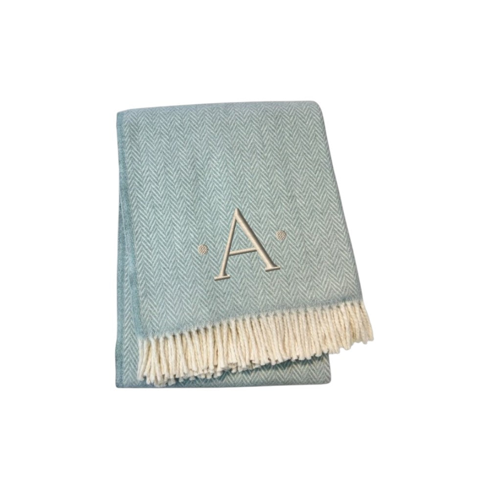 55" X 70" Sky Blue And White Herringbone Cotton Blend A Initial Throw Blanket with Tassels And Embroidery