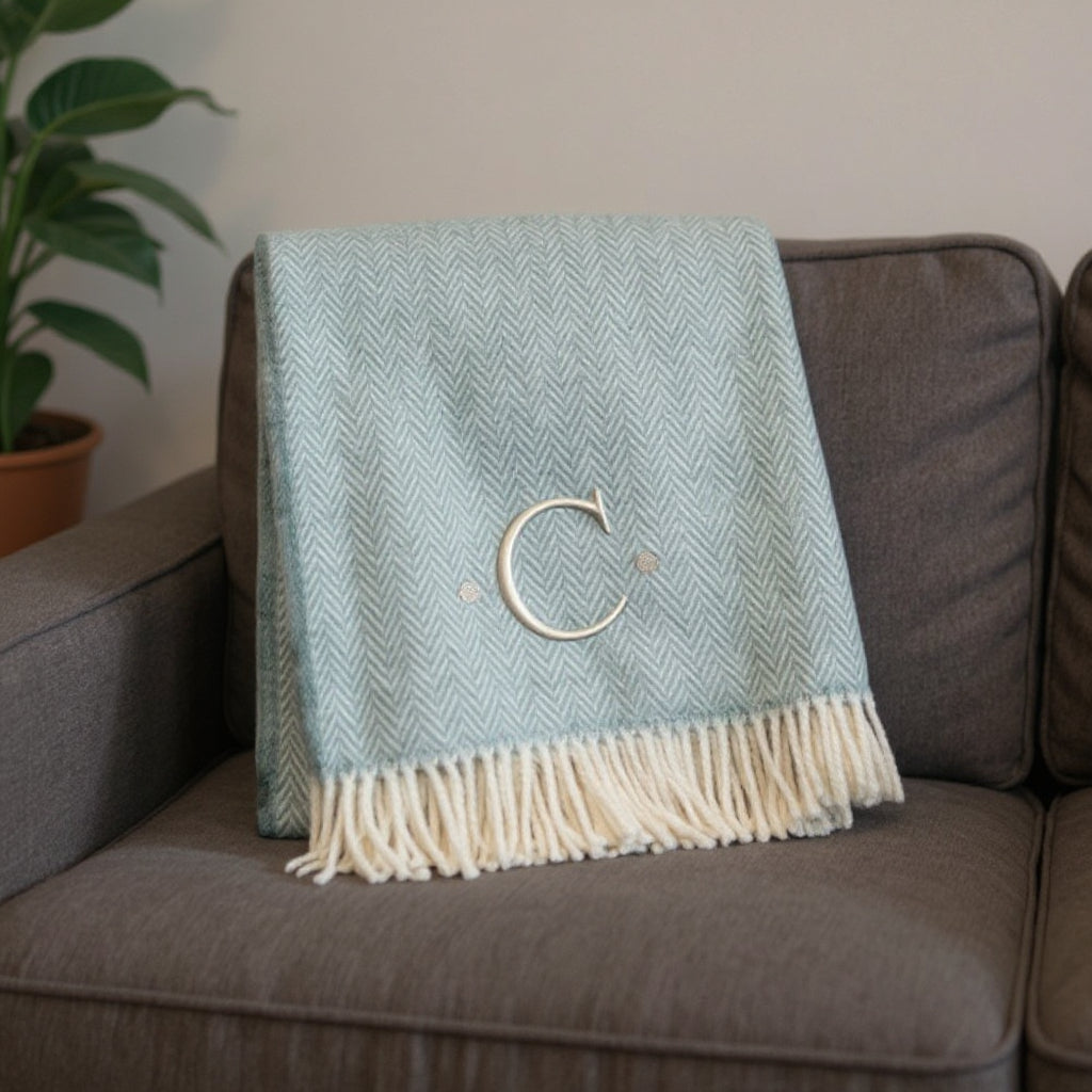 55" X 70" Sky Blue And White Herringbone Cotton Blend C Initial Throw Blanket with Tassels And Embroidery