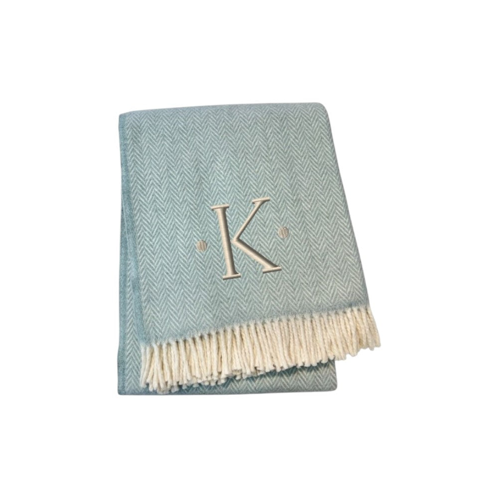 55" X 70" Sky Blue And White Herringbone Cotton Blend K Initial Throw Blanket with Tassels And Embroidery