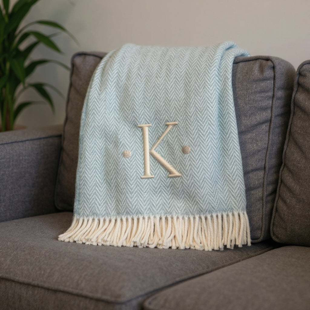 55" X 70" Sky Blue And White Herringbone Cotton Blend K Initial Throw Blanket with Tassels And Embroidery