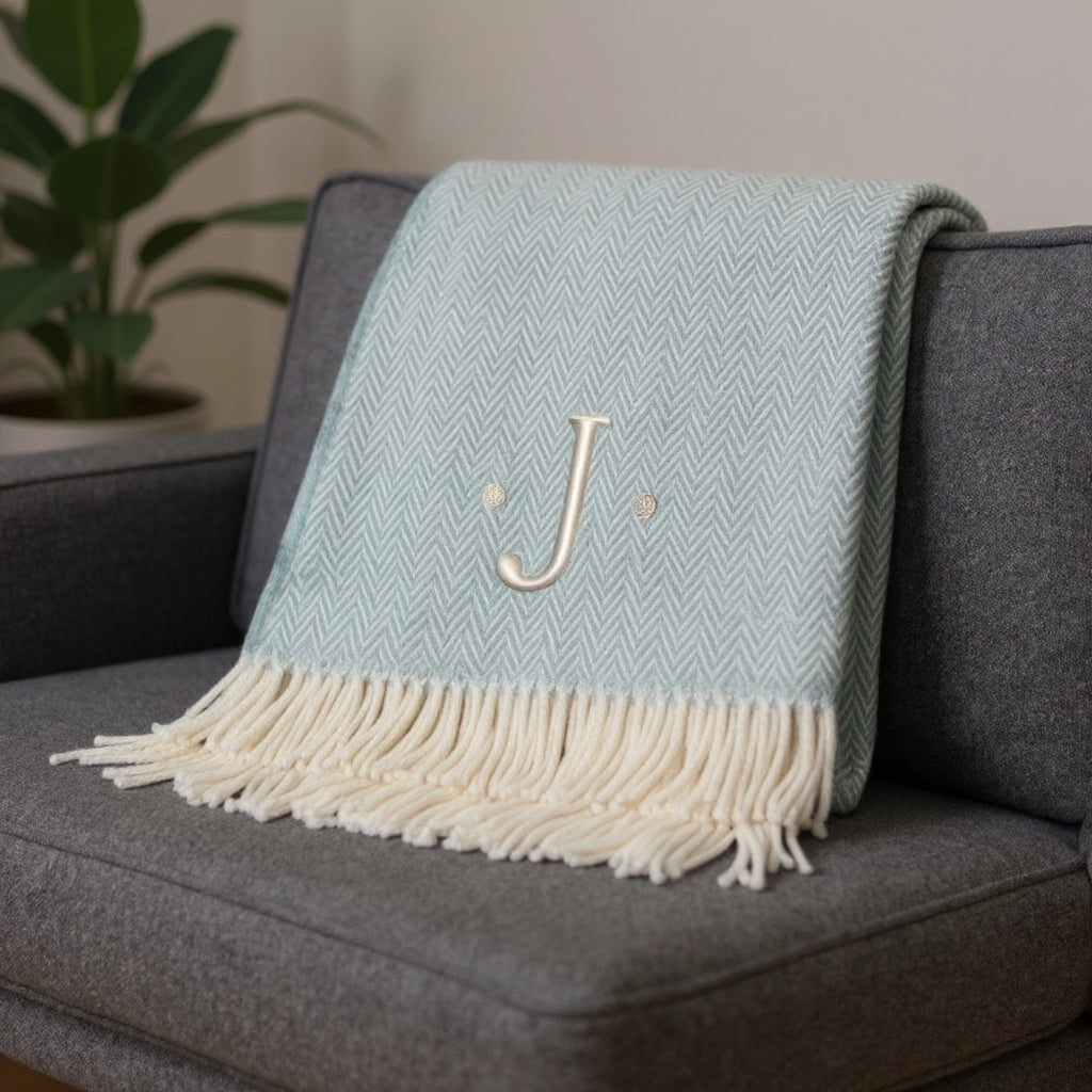 55" X 70" Sky Blue And White Herringbone Cotton Blend J Throw Blanket with Tassels And Embroidery