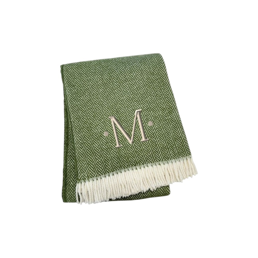 55" X 70" Moss Green And White Herringbone Cotton Blend M Initial Throw Blanket with Tassels And Embroidery