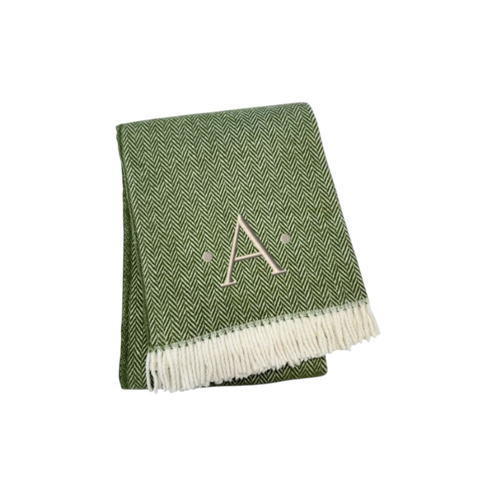 55" X 70" Moss Green And White Herringbone Cotton Blend A Initial Throw Blanket with Tassels And Embroidery
