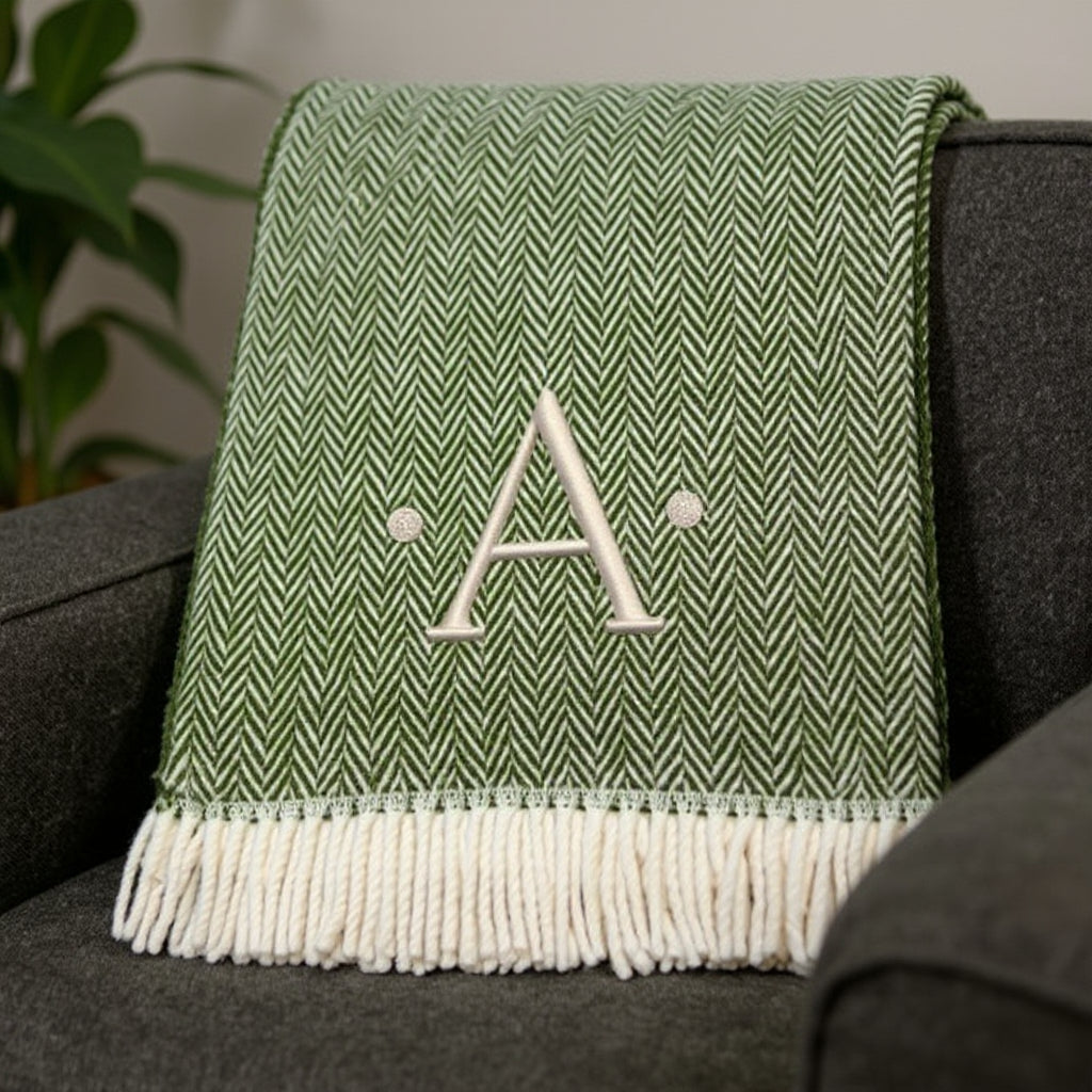 55" X 70" Moss Green And White Herringbone Cotton Blend A Initial Throw Blanket with Tassels And Embroidery