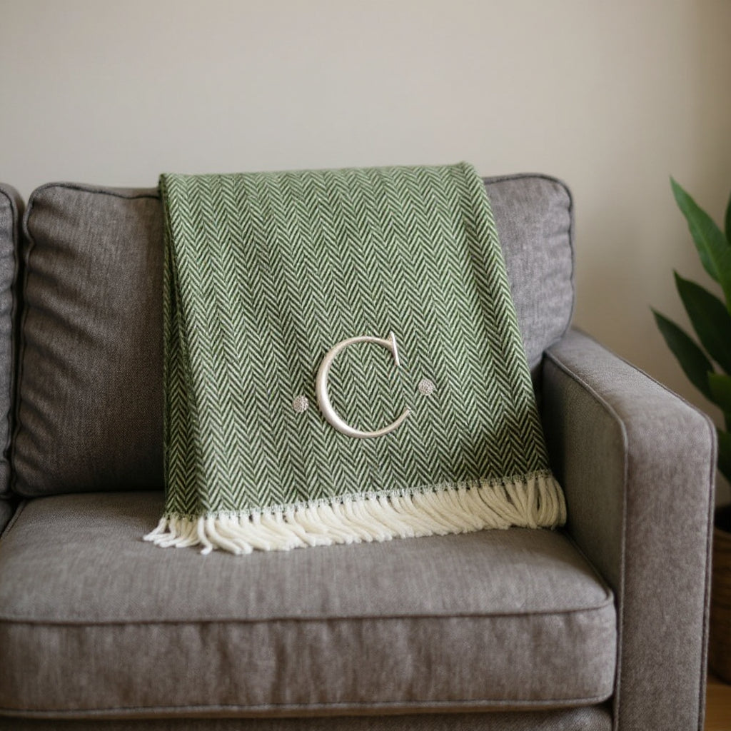 55" X 70" Moss Green And White Herringbone Cotton Blend C Initial Throw Blanket with Tassels And Embroidery