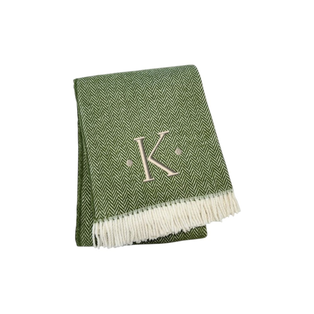 55" X 70" Moss Green And White Herringbone Cotton Blend K Initial Throw Blanket with Tassels And Embroidery