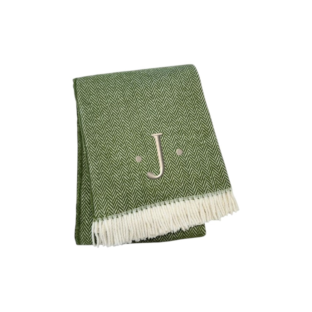 55" X 70" Moss Green And White Herringbone Cotton Blend J Throw Blanket with Tassels And Embroidery