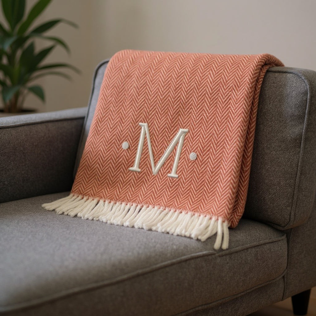 55" X 70" Terra Cotta And White Herringbone Cotton Blend M Initial Throw Blanket with Tassels And Embroidery