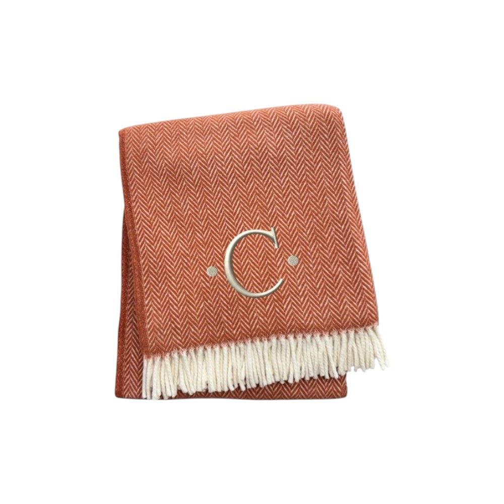 55" X 70" Terra Cotta And White Herringbone Cotton Blend C Initial Throw Blanket with Tassels And Embroidery