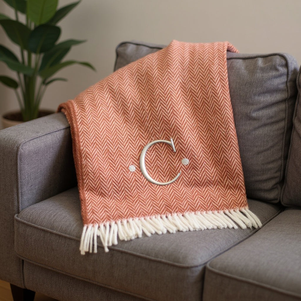 55" X 70" Terra Cotta And White Herringbone Cotton Blend C Initial Throw Blanket with Tassels And Embroidery