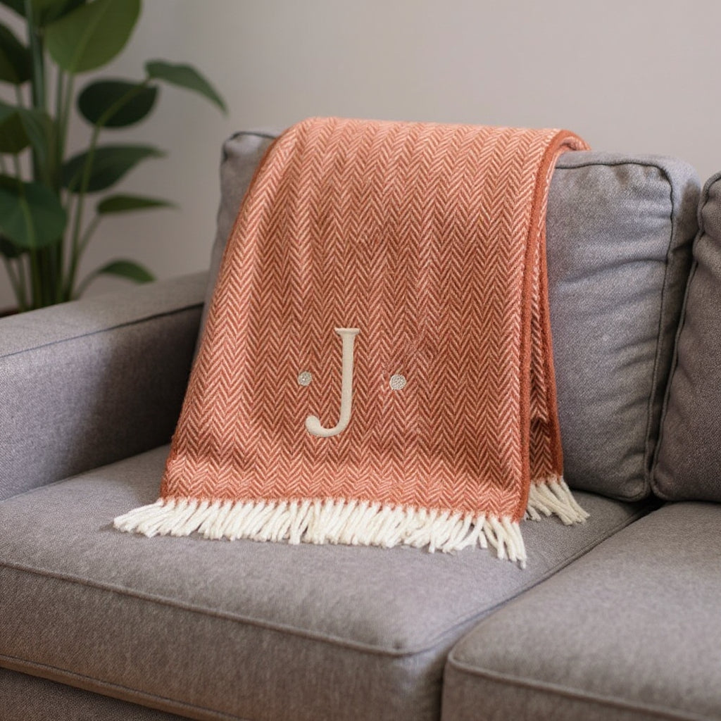 55" X 70" Terra Cotta And White Herringbone Cotton Blend J Throw Blanket with Tassels And Embroidery