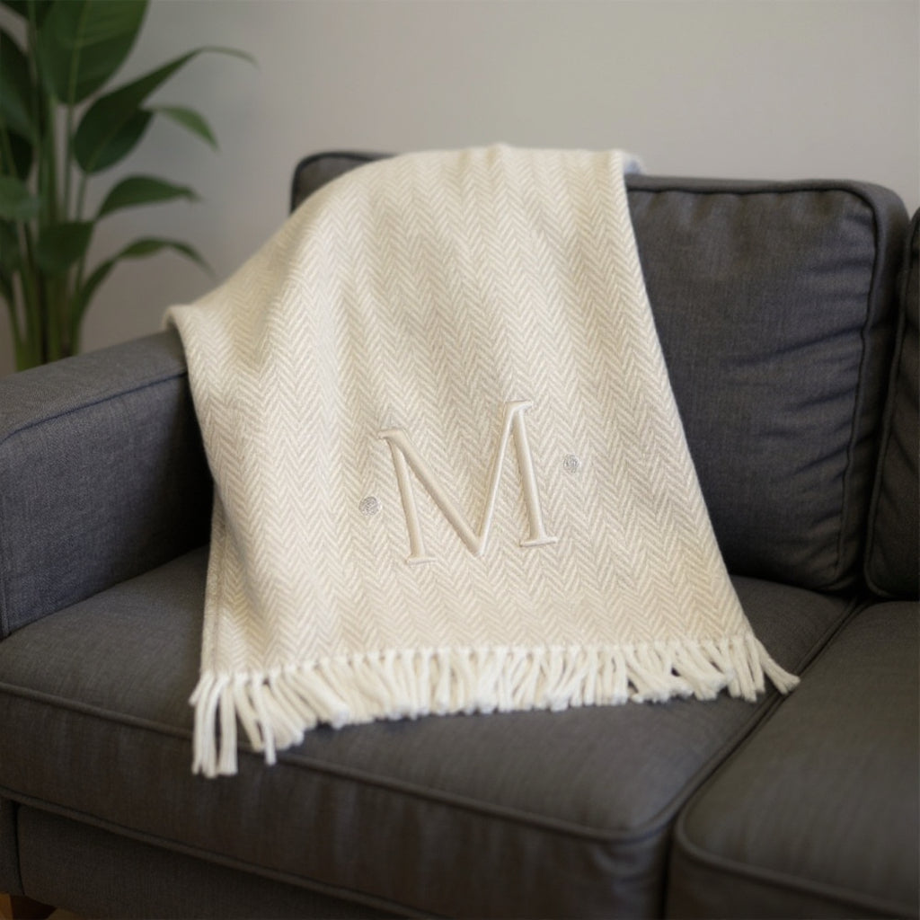 55" X 70" Linen And White Herringbone Cotton Blend M Initial Throw Blanket with Tassels And Embroidery