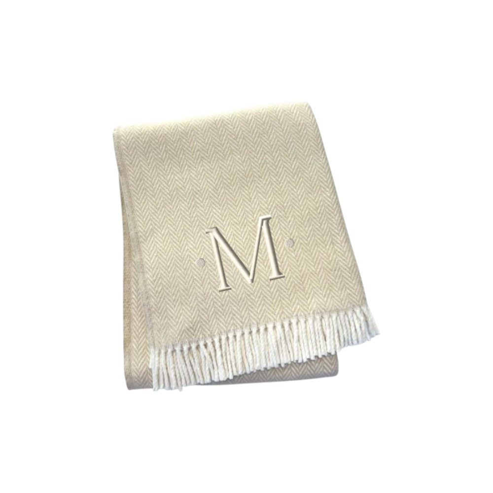 55" X 70" Linen And White Herringbone Cotton Blend M Initial Throw Blanket with Tassels And Embroidery