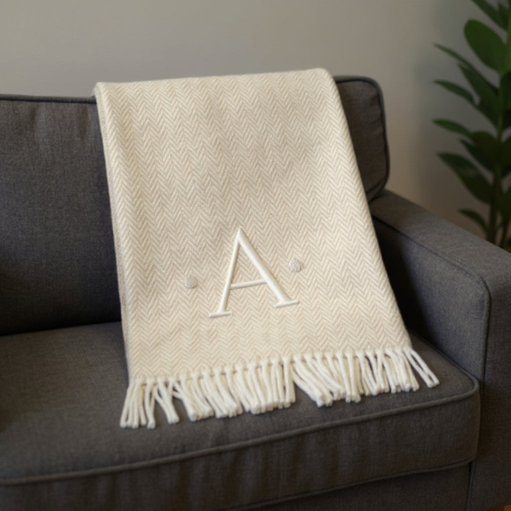 55" X 70" Linen And White Herringbone Cotton Blend A Initial Throw Blanket with Tassels And Embroidery