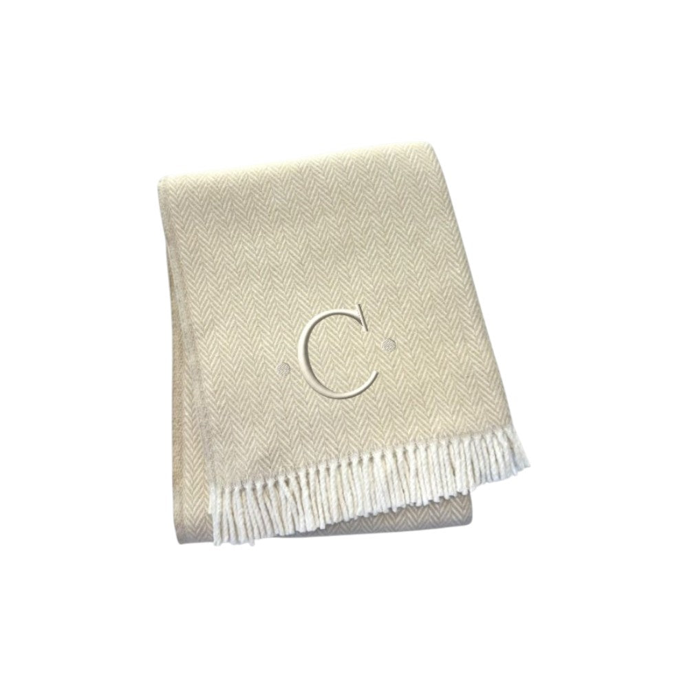 55" X 70" Linen And White Herringbone Cotton Blend C Initial Throw Blanket with Tassels And Embroidery