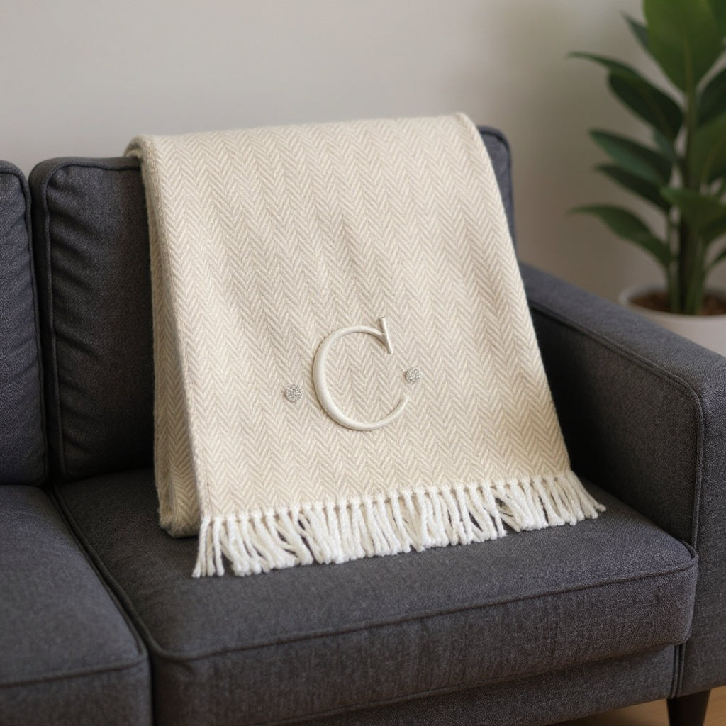 55" X 70" Linen And White Herringbone Cotton Blend C Initial Throw Blanket with Tassels And Embroidery