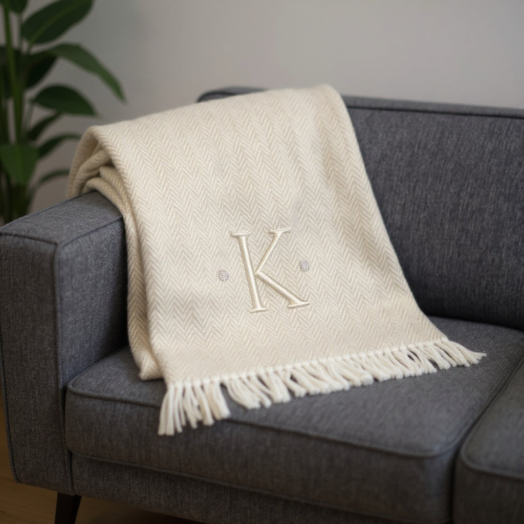 55" X 70" Linen And White Herringbone Cotton Blend K Initial Throw Blanket with Tassels And Embroidery