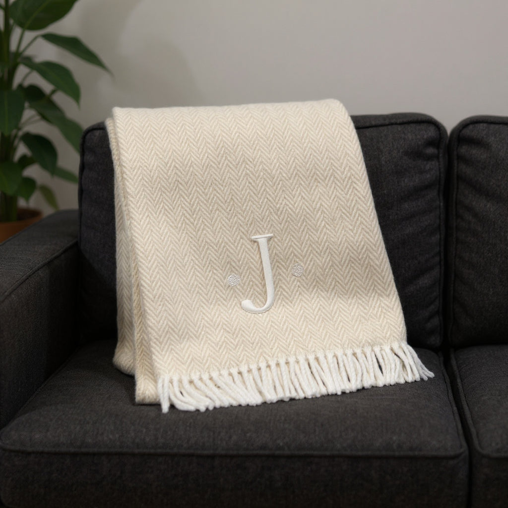 55" X 70" Linen And White Herringbone Cotton Blend J Throw Blanket with Tassels And Embroidery