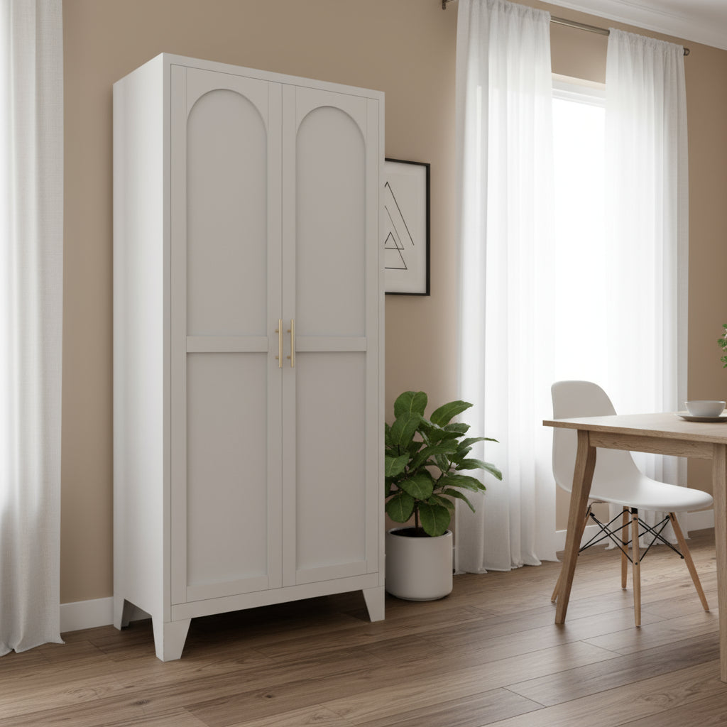 61" White Stainless Steel Pantry Or Storage Closet With Arched Panel Doors