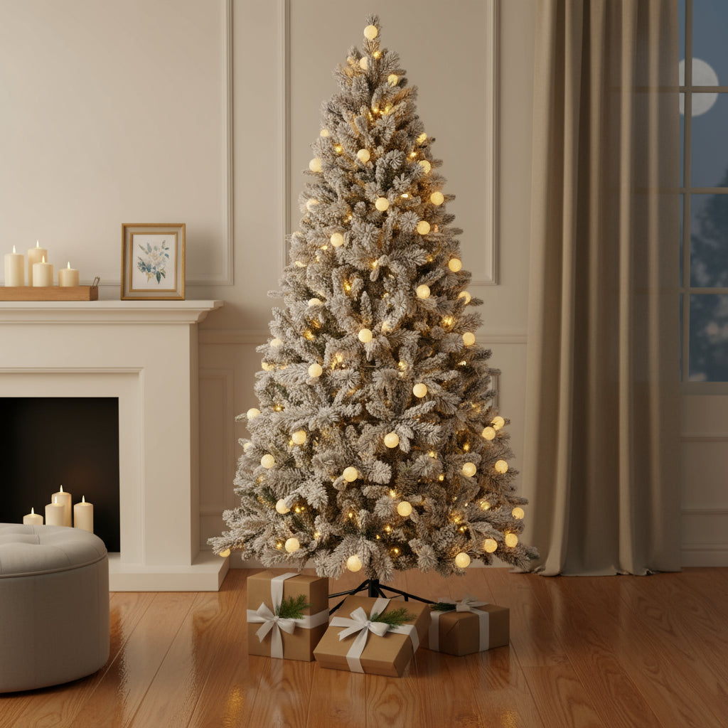 7.5' White Pre Lit Full Flocked Fir Christmas Tree