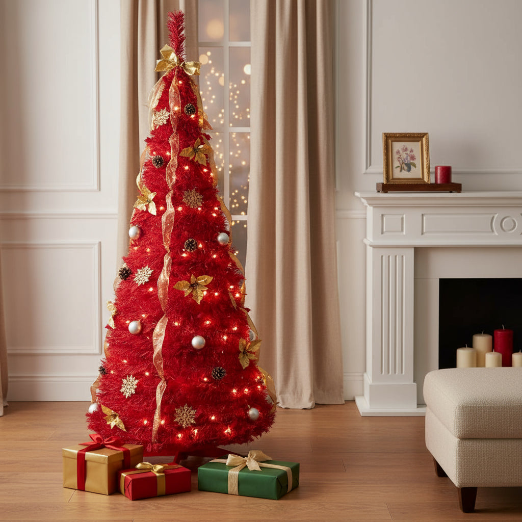 6' Red Tinsel Pre Lit Pop Up Christmas Tree With Decorations