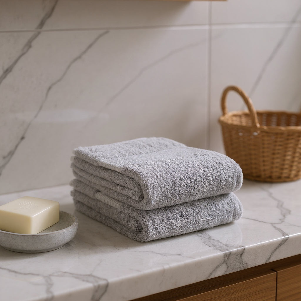 Set of Two Light Gray Cotton 16" X 30" Quick Dry Terry Cloth Hand Towels