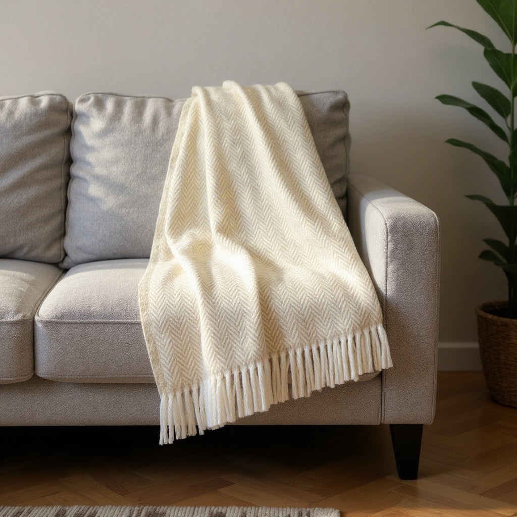 55" X 70" Linen And White Cotton Blend Herringbone Throw Blanket with Fringe