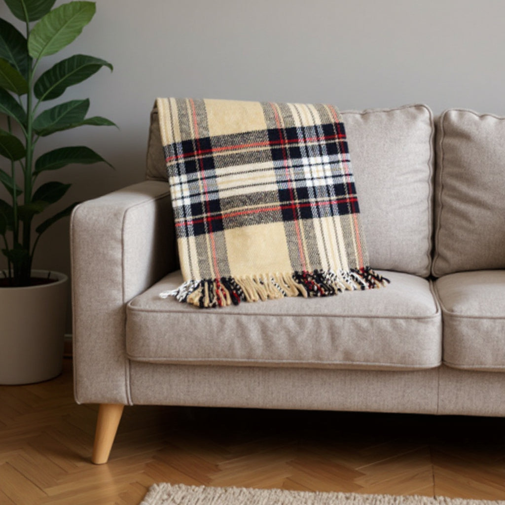 55" X 70" Camel Black Red And White Cotton Blend Plaid Throw Blanket with Fringe