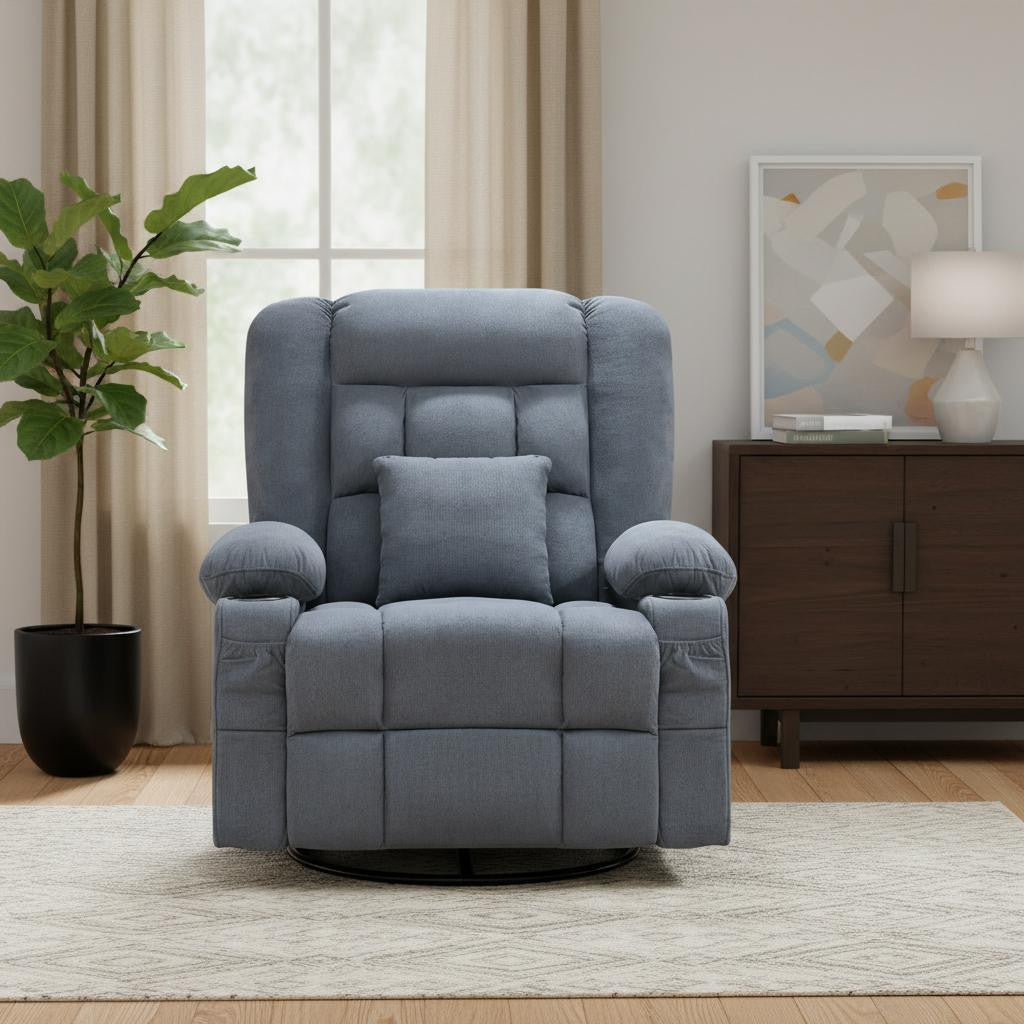 38" Blue Tufted Cotton Blend Heated Massage Manual Swivel Recliner With USB