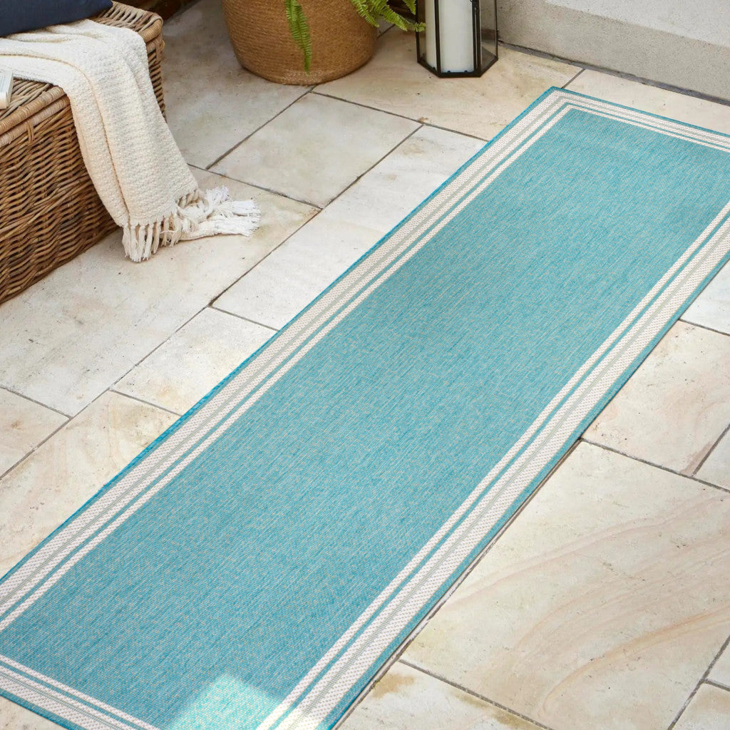 8' Aqua And Beige Indoor Outdoor Runner Rug