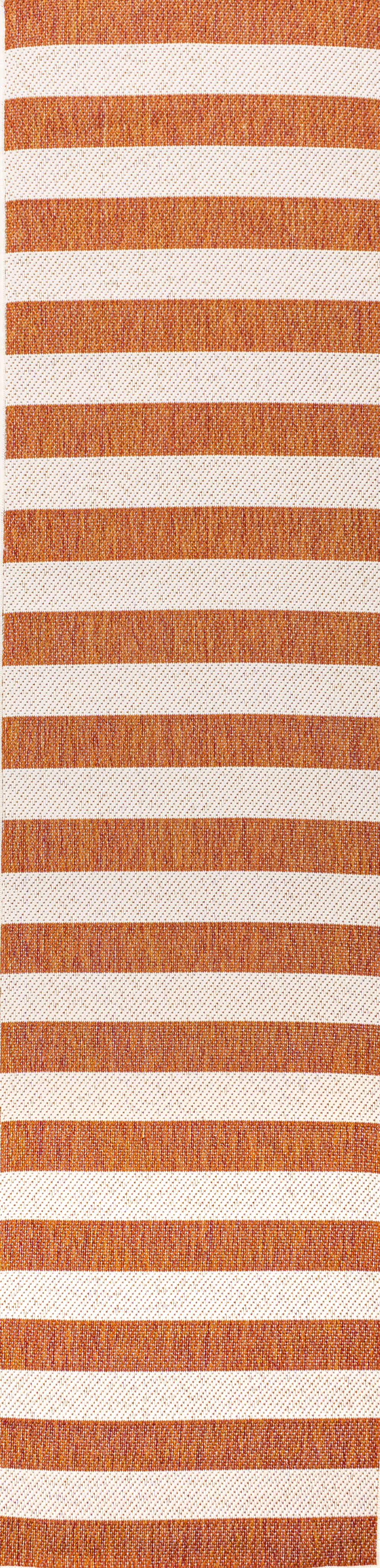 8' Beige And Orange Striped Indoor Outdoor Runner Rug