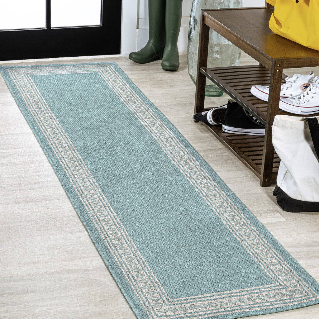 8' Aqua And Light Gray Indoor Outdoor Runner Rug