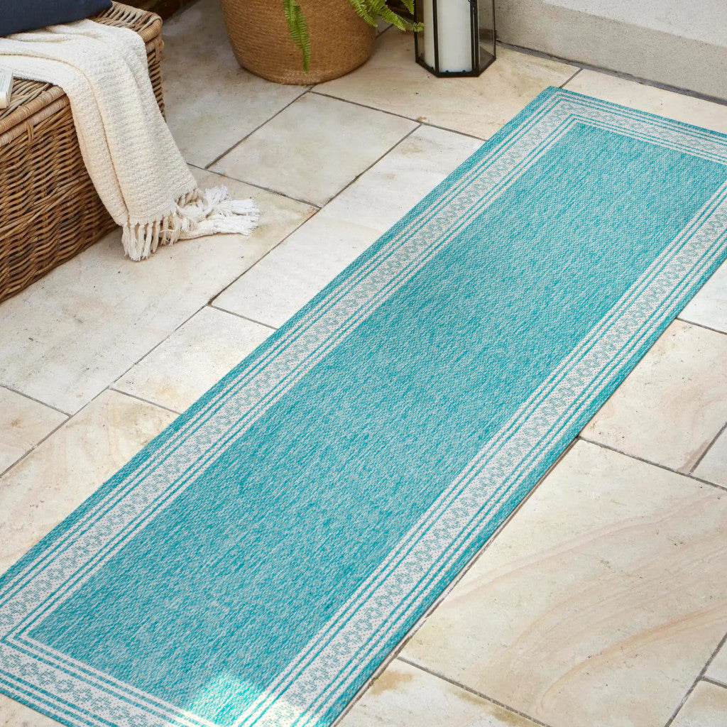 8' Aqua And Light Gray Indoor Outdoor Runner Rug