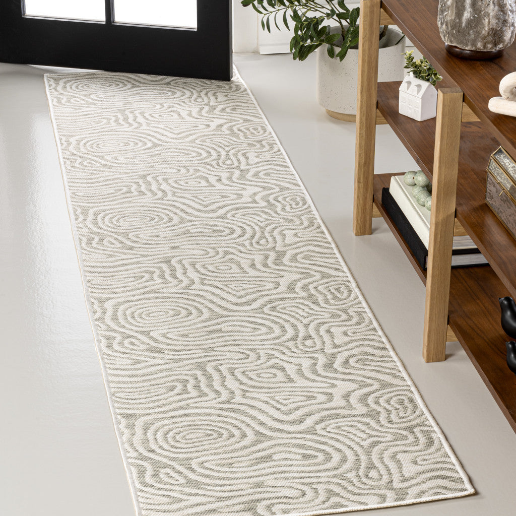 8' Gray And Cream Abstract Washable Indoor Outdoor Runner Rug