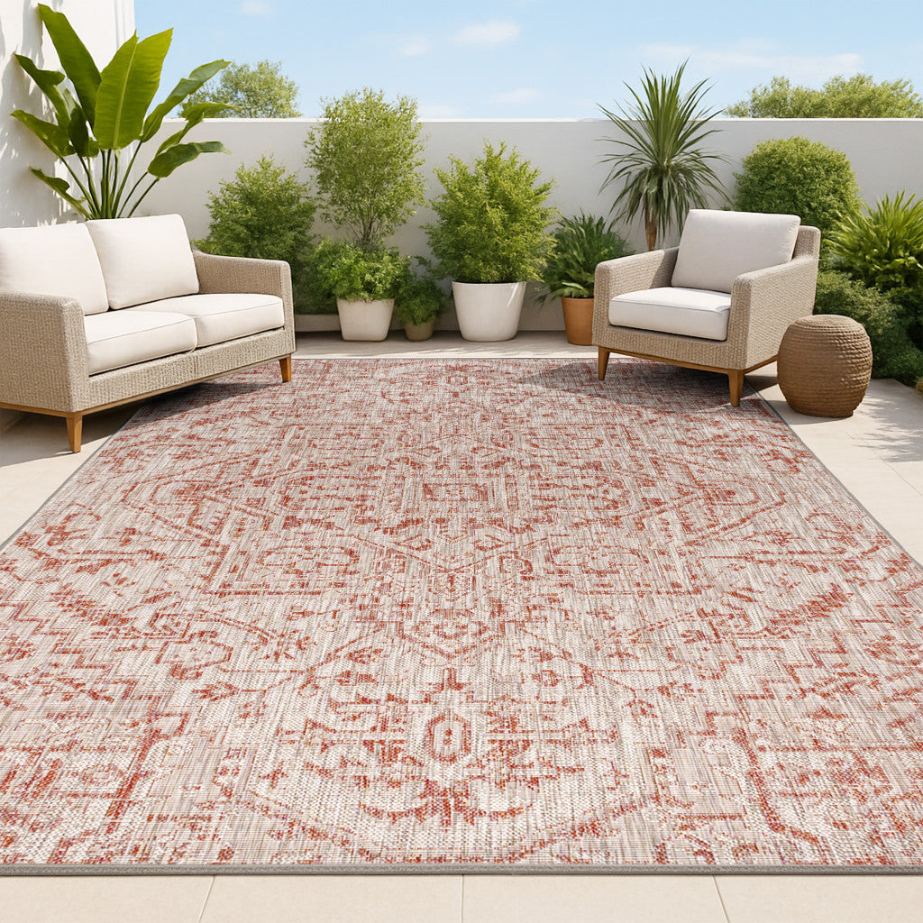 4' X 6' Red And Taupe Medallion Indoor Outdoor Area Rug
