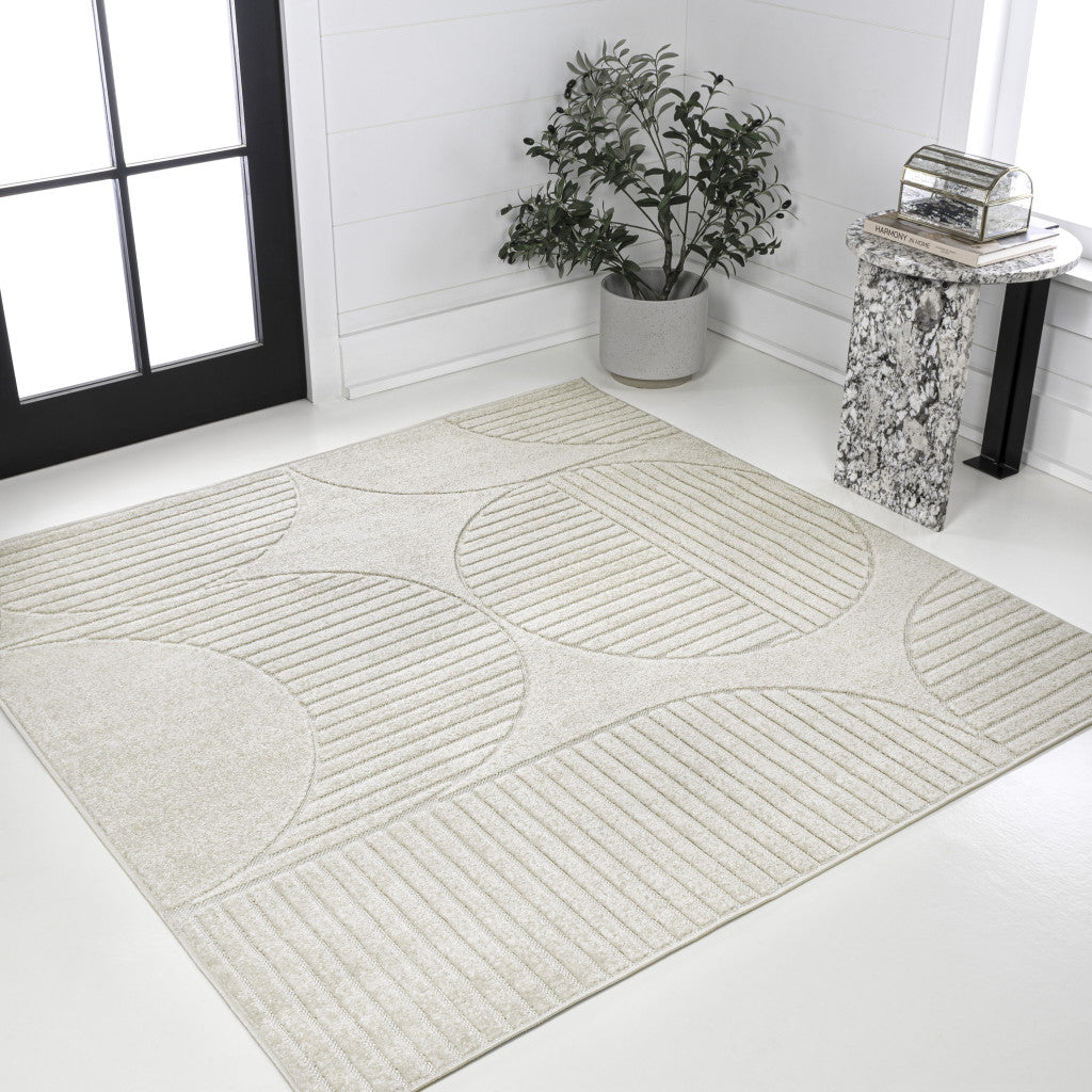 7' Ivory And Cream Square Striped Indoor Outdoor Area Rug