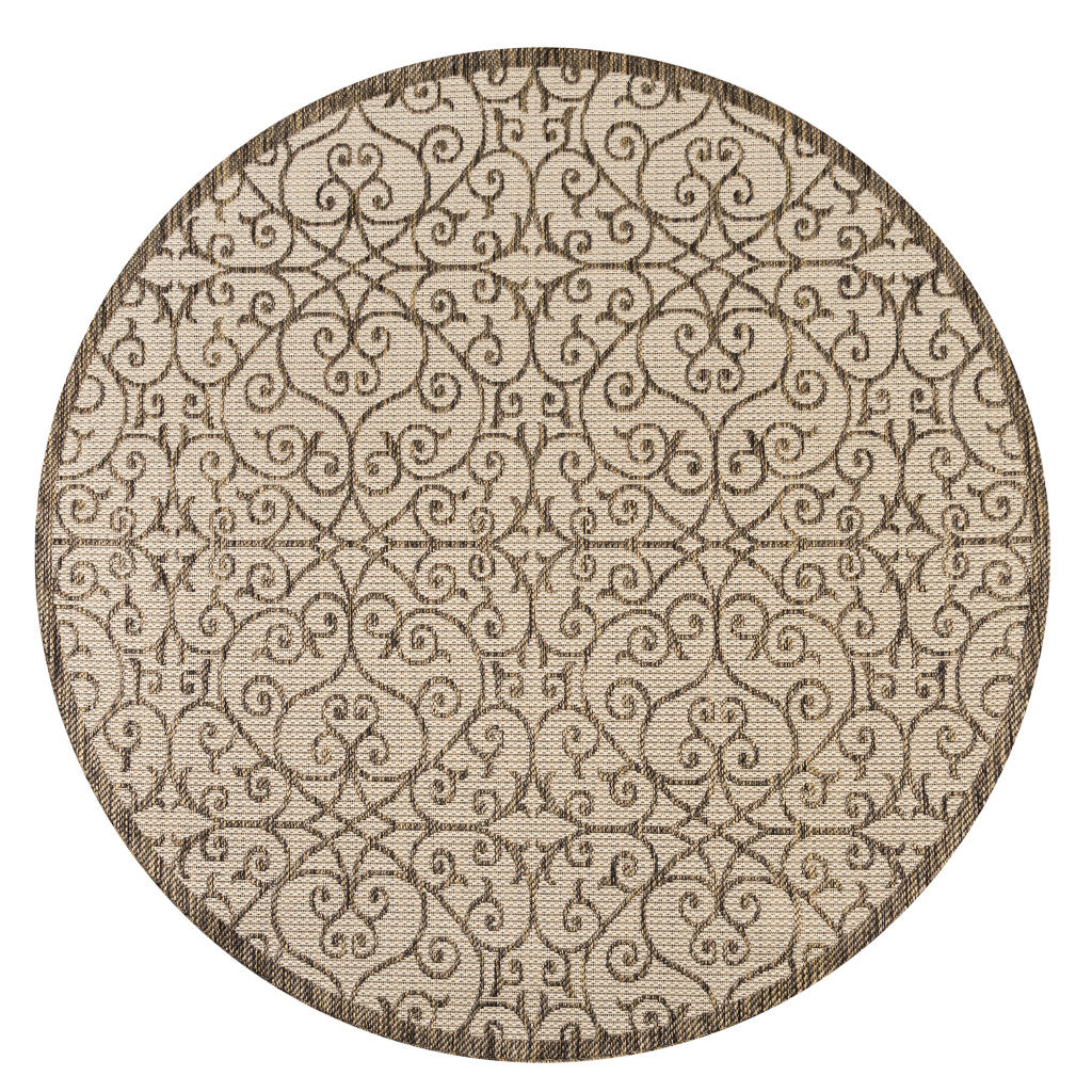 8' Beige And Brown Round Geometric Indoor Outdoor Area Rug