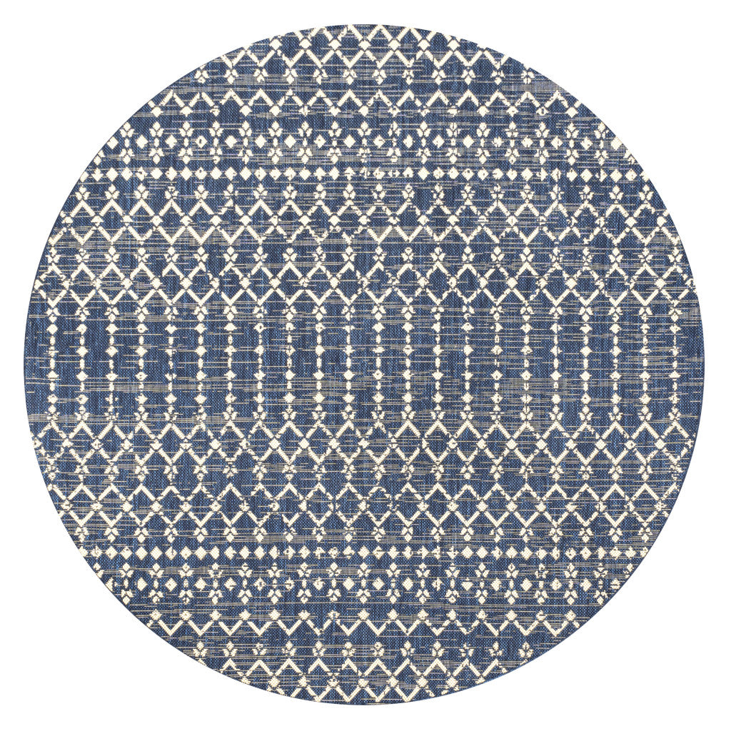 8' Beige And Navy Blue Round Trellis Indoor Outdoor Area Rug