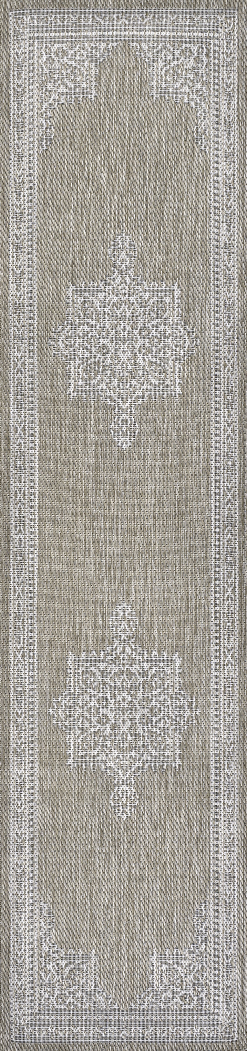 8' Beige And Cream Medallion Indoor Outdoor Runner Rug
