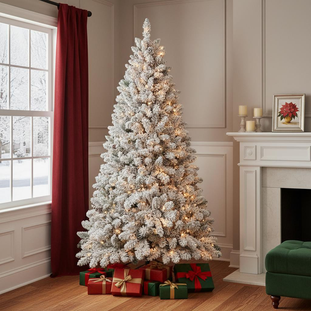 8' Pre Lit Full Flocked Spruce Christmas Tree